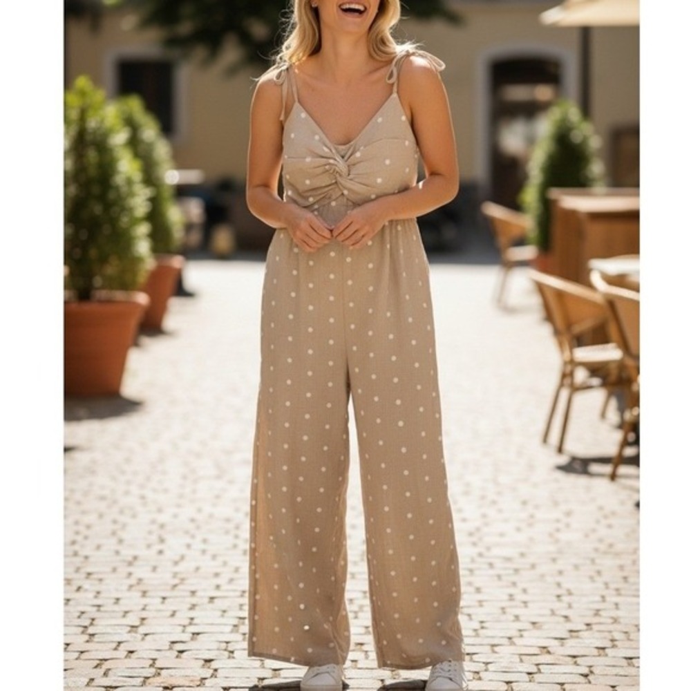 Old Navy Wide Leg Jumpsuit L Tan Polka Dot Linen Blend Twist Front Boho Vacation